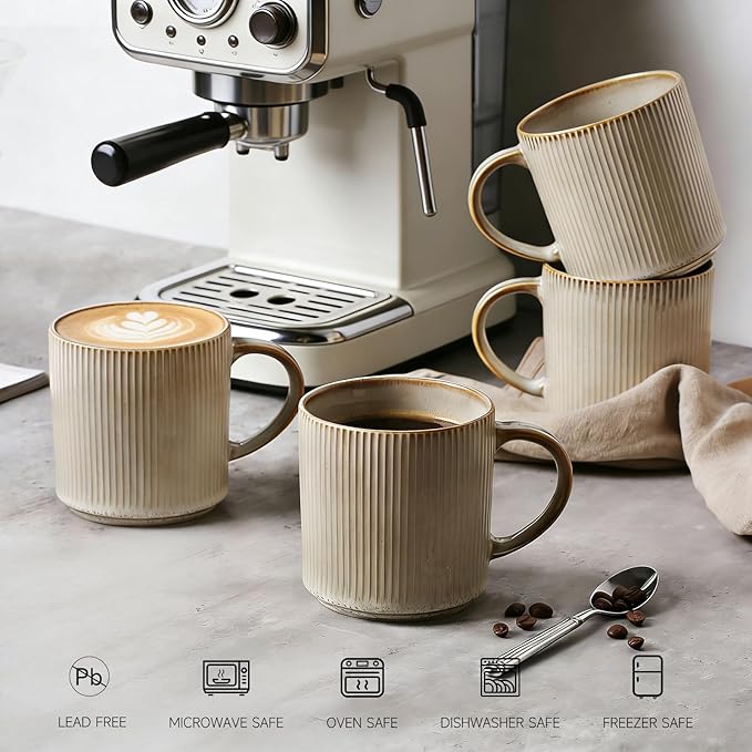 MONITO Coffee Mugs Set of 6, 16 oz Mugs Set, Ceramic Coffee Cups with Large Handles, Suitable for Lattes, Hot tea, Cappuccinos, Mochas and Cocoa,Bonbon Beige