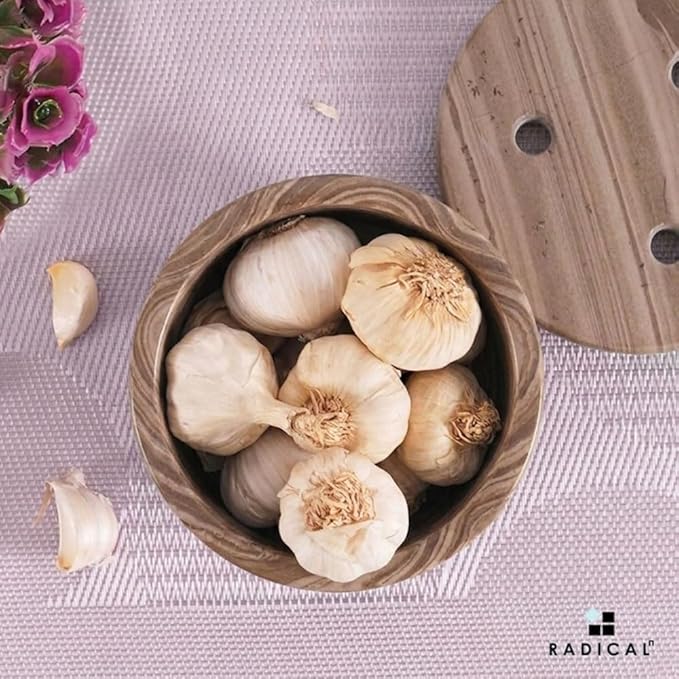 Radicaln Marble Garlic Keeper With Lid 4.5 Inch Natural Brown Handmade Garlic Storage and Garlics Container For Kitchen, Keep Fresh Garlic Cloves, Ideal Garlic Keeper for Counter