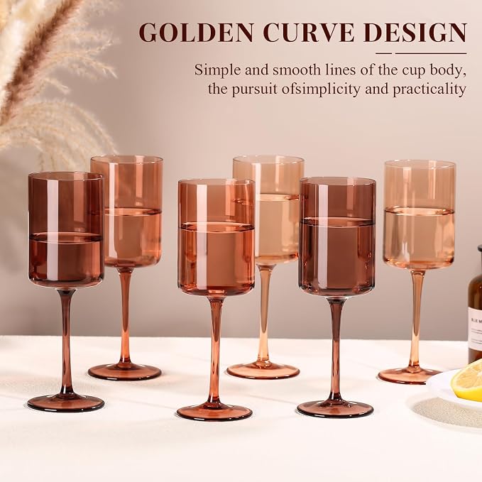 Brown Colored Square Wine Glasses Set of 6, 14oz【Hand Blown】 Amber Crystal Venus Wine Glasses with Long Stem - Melanin Wine Glasse Gifts for Christmas Home Dinner Party
