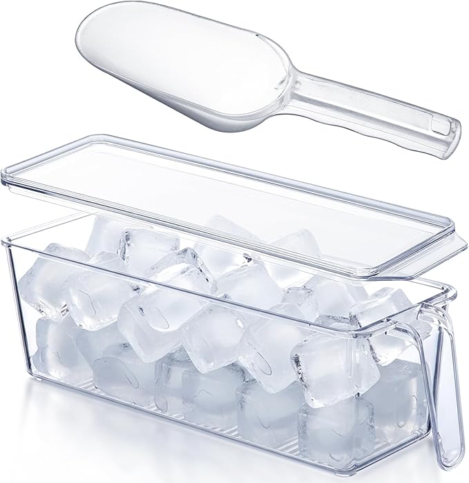 Havawish Ice Storage Bin for Freezer with Lid and Flexible Scoop Set Plastic Ice Container with Lid Handle for Home Office Fridge Storage (12.4 x 3.94 x 3.94 Inches,Clear,2 Pcs)
