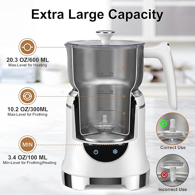 7-IN-1 Milk Frother, 20.3 OZ Milk Frother and Steamer with Temperature Control Stainless Steel Electric Milk Frother Dishwasher Safe Hot and Cold Foam for Latte Hot Chocolate Cocoa (White)