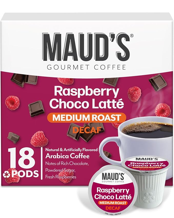 Maud's Decaf Raspberry Chocolate Flavored Coffee Pods, 18 ct, Decaffeinated Medium Roast Flavored Coffee in Single Serve Pods – 100% Arabica Beans, Compatible with Keurig K Cups Maker