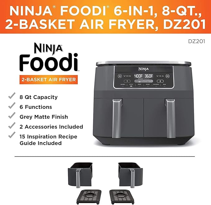 Ninja DZ100 Foodi 4-in-1, 8-qt., 2-Basket Air Fryer with DualZone Technology (Renewed), DZ100 8-qt BLACK