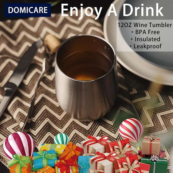 DOMICARE Stainless Steel Wine Tumbler Bulk with Lid, Personalized Insulated Tumblers Set, 12oz Travel Coffee Cups Pack of 12, Stainless steel