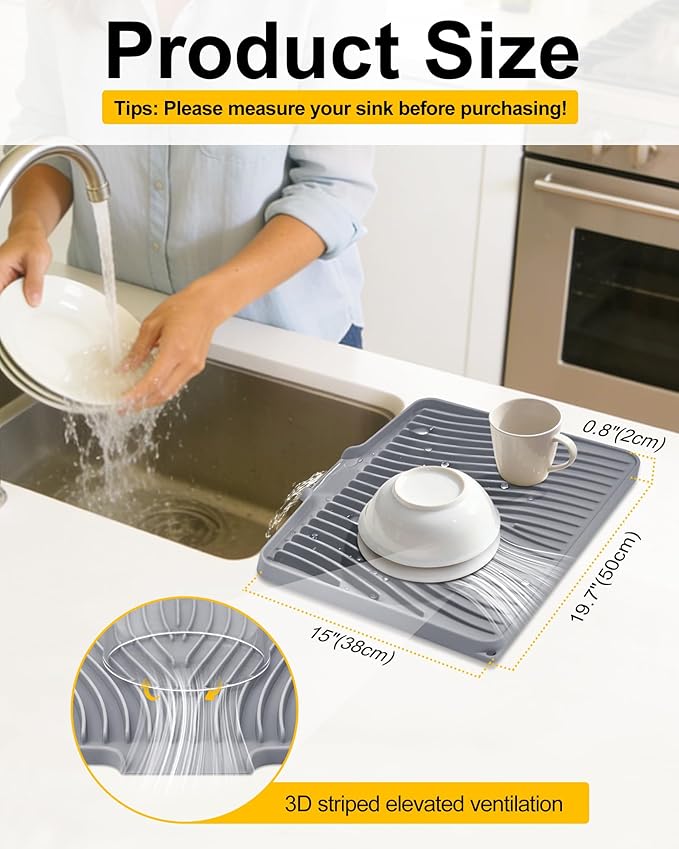 Silicone Dish Drying Mat for Kitchen Counter, Non-Slip Drain Pad with Built-in Drain, Heat Resistant Dish Drying Pad, Multi-Use Drying Mat, Dishwasher Safe & Hangable, Grey, 19.7" x 15"