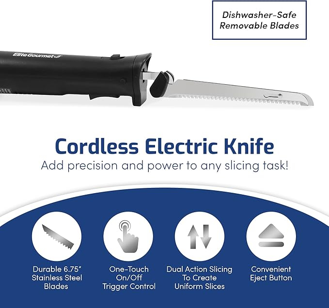 Elite Gourmet EK9810 Professional Cordless Rechargeable Easy-Slice Electric Knife with 4 Serrated Blades and Safety Lock Trigger Release, Carving Meats, Poultry, Bread, Black