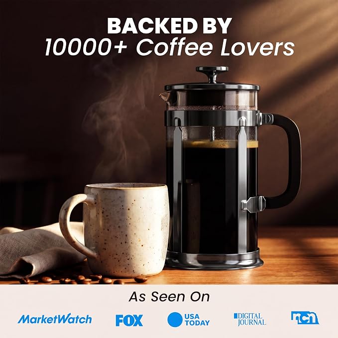 EzDtach French Press Coffee Maker 34oz Grey – Borosilicate Glass Pot with 304 Grade Stainless Steel French Press, Double Filter and 2 Extra Screens for Rich, Full-Bodied Flavor at Home or Office