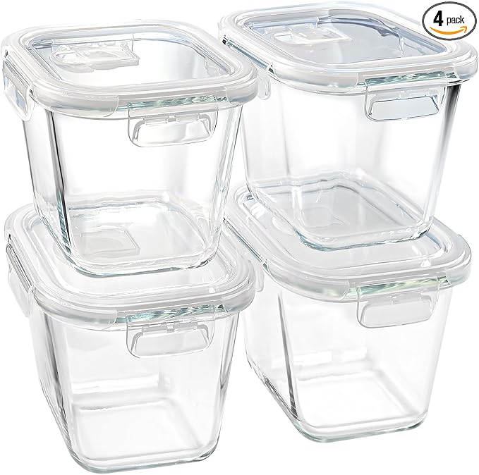 Borosilicate Glass Soup Containers with Lids, 4 Cup/32 oz, 4 Pack | Microwave Dishwasher Oven Freezer Safe | Airtight Leak Proof | Food Grade | Square Soup Meal Prep | Lunch | Food Storage Set