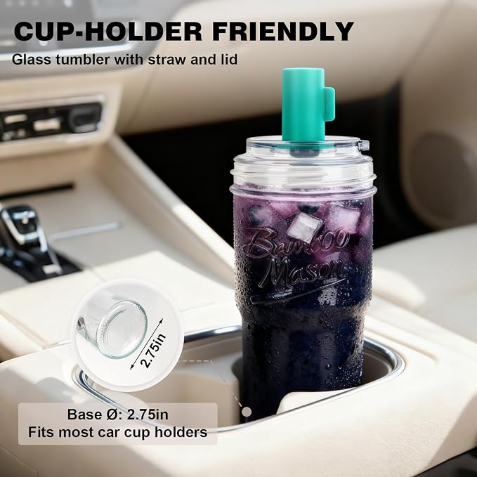ANOTION Bamboo Mason 24oz Glass Tumbler with Straw Leakproof Lid, Cap Cup Mason Jar 4 Color Caps, Self-Assembly Leak-Proof Lid Straw, Reusable Iced Coffee Cup, Mason Jar Drinking Glass Coffee Gifts