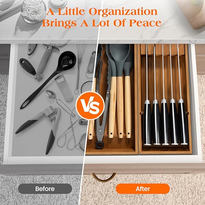 Piklohas Carbonized Bamboo Kitchen Silverwar Drawer Organizer,14.2 inch Length Natural Utensil Flatware Organizers Tray Storage for Spoons Forks & Knives