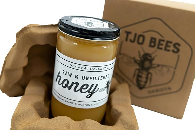 TJO Bees Raw and Unfiltered Honey, 44 OZ Glass Jar