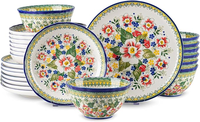 24-Piece Ceramic Dinnerware Set, Service for 8, Bohemian Floral Dish Set, Includes Plates and Bowls Sets, Microwave & Oven & Dishwasher Safe, Vintage Dish Set