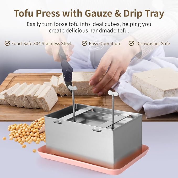 Large Tofu Press, 304 Stainless Steel Tofu Presser, Tofu Maker with Gauze & Drip Tray, Vegan Tofu Presser for Firm or Extra Firm Tofu, Tofu Making Tool Kit, 8.7×5.6×4.4"