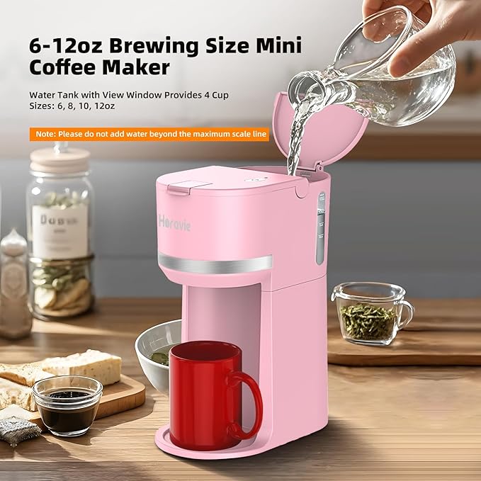 Horavie Mini Single Serve Coffee Maker for K-Cup Pod and Grounds, Fast Brew One Cup Coffee Machine with Descaling Reminder and Water Window, 6 to 12 oz. Brew Sizes, Pink