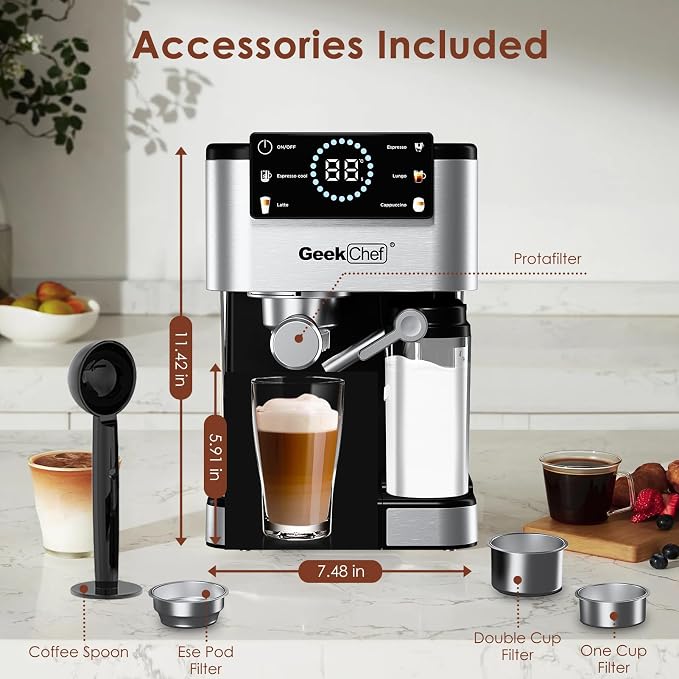 Geek Chef Espresso Machine, 20 Bar Espresso and Cappuccino Coffee Maker, Quick Heating Automatic, Latte & Cappuccino Creator, for Home, for Gift to Family, Friends, Coffee Shops