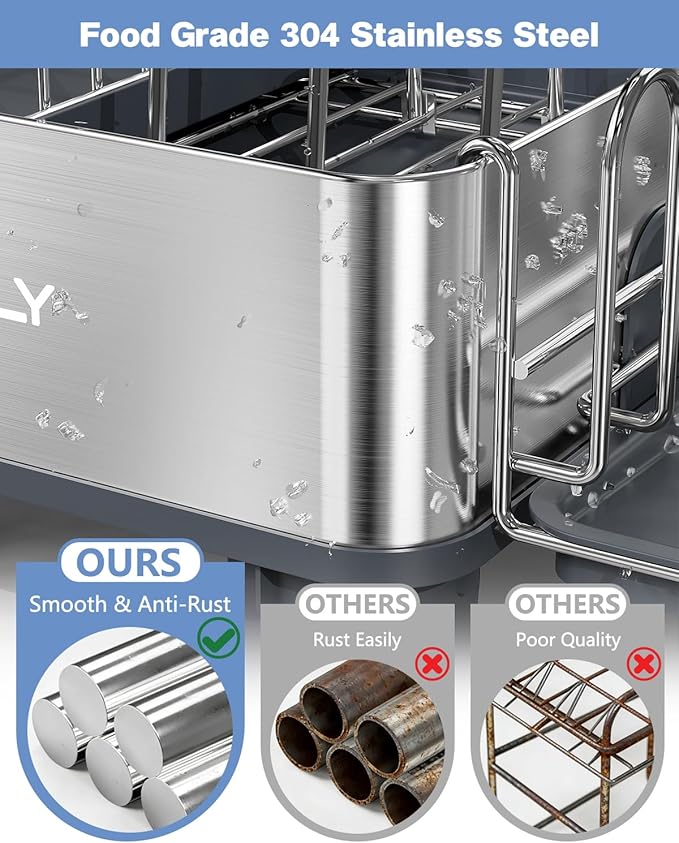 Dish Drying Rack, 304 Stainless Steel Expandable Dish Rack with Adjustable Drain Spout, Large Capacity Dish Drainer with Utensil Holder, Cup Holder and Cutting Board Rack for Kitchen Counter, Gray