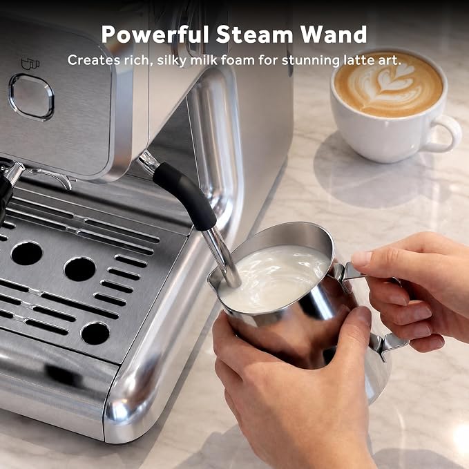 Espresso Machine with Grinder, 20 Bar Espresso Maker with Milk Frother, PID Temperature Control, 30 Grind Settings, Removable Water Tank, Stainless Steel Coffee Machine for Cappuccino, Latte
