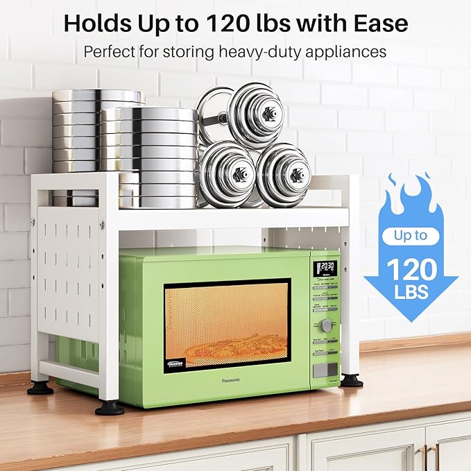 Expandable Microwave Stand, 2-Tier Adjustable Microwave Oven Rack with 10 Hooks & 2 Holders, Heavy Duty Carbon Steel Microwave Shelf for Kitchen Counter Organizer and Storage, Holds 120lbs, White