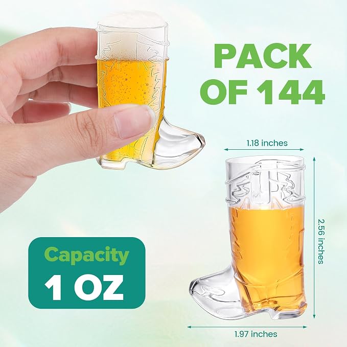 Aodaer 144 Pieces 1 OZ Clear Cowboy Boot Shot Glass Mini Plastic Boot Shot Cups Western Cowboy Glasses Reusable Beer Mugs for Cowgirl Party Decorations Birthday Bachelorette Party Favors