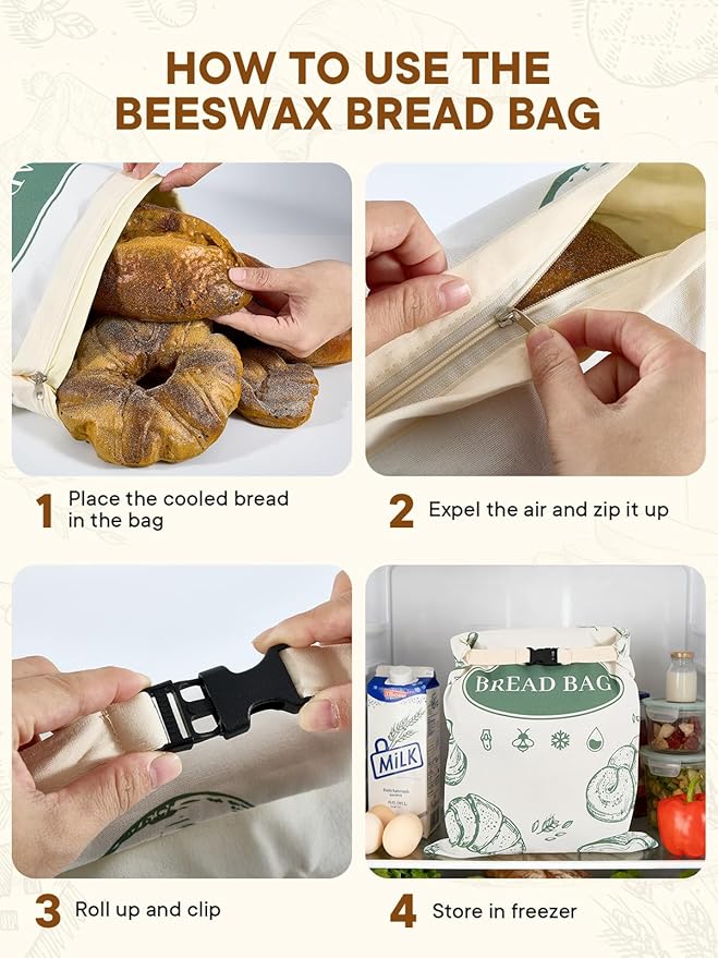 2 Pack Zippered Beeswax Bread Bags 17×13 Inch Large Cotton Sourdough Bread Bags Reusable Bread Storage Bags for Homemade Bread Freezer Safe for Bagel Croissant & Baguette Kitchen Baking Supplies