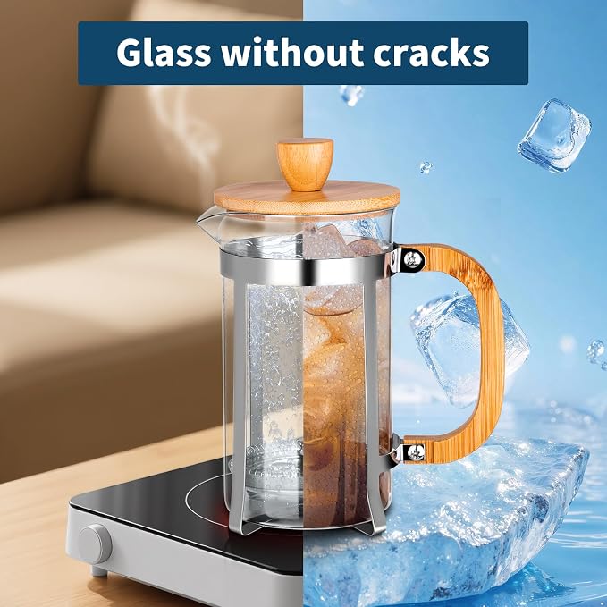 MERMOO YILAN Glass French Press Coffee Maker with Spoon 20oz | Heat-resistant Borosilicate Glass|Plastic-Free|Easy to Use& Easy to Clean