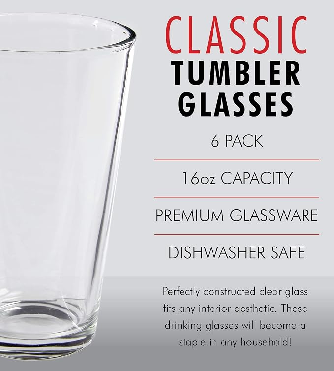 Kitchen Lux Pint Beer Glasses Set of 6 – 16 oz Tall Clear Drinking Glasses and All Purpose Tumblers – Heavy Base Cocktail, Water, Juice Glass – Pub Style Design For Home Dining, Bars, and Parties