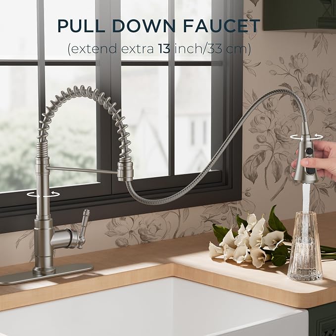 FORIOUS Vintage Kitchen Faucet Pull Down Sprayer Brushed Nickel Stainless Steel, High Arc Single Handle Antique Sink Faucet 1 or 3 Holes for Pot Filler, Farmhouse Camper RV Wet Bar