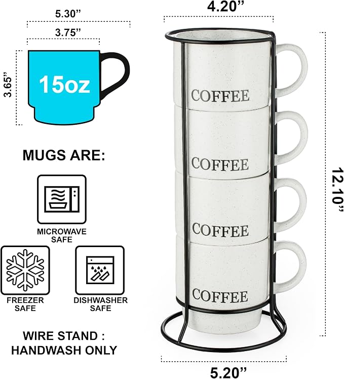 Signature Housewares Stackable Coffee Mug Tower Set with Metal Wire Rack - 15 Ounce for Tea, Cocoa, Milk, Cappuccino, Hot Chocolate Set of 4 - White Coffee (Pack of 4)