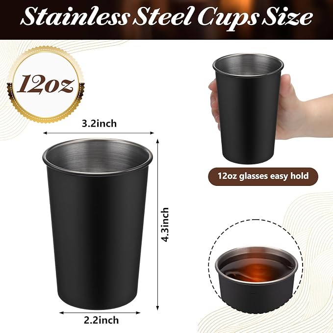 Uiifan 32 Pcs 12 oz Stainless Steel Cups for Adult Unbreakable Metal Stackable Camping Cup Stainless Steel Drinking Glasses Tumbler for Home Travel Outdoor Activities (Black)