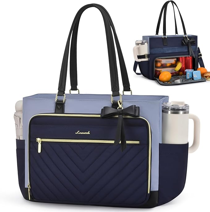 LOVEVOOK Lunch Bag, Tote Bag for Women with Insulated Lunch Compartment & Cup Holder, Insulated Lunch Bag Fit 15.6 Inch Laptop, Water Resistant Large Capacity Work Tote for Teacher, Nurse, Office