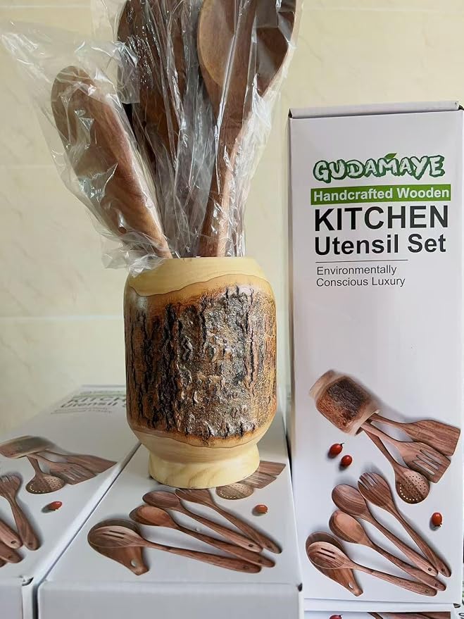 Gudamaye 13 inch Long Wooden Spoons for Cooking,Wooden Utensils for Cooking with Utensils Holder,9 PCES Wooden Kitchen Utensils Set with Utensils Holder and Spoon Rest,Natural Teak Wooden Spoons Set