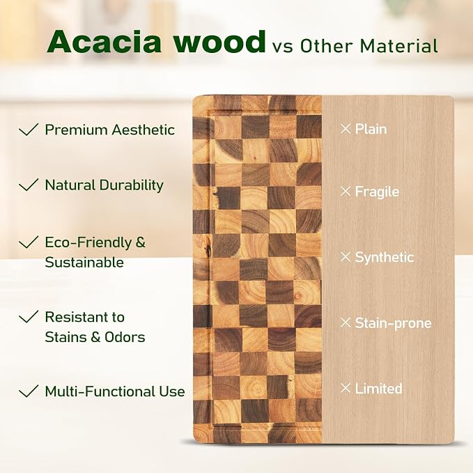 Acacia Wood Cutting Boards for Kitchen, Checkered Chopping Board with Juice Grooves & Handles, Large Butcher Block Serving Tray with Non‑Slip Feet, 17" x 11.8" x 1.5"