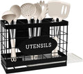 Magnetic Utensil Holder for Fridge Large Silverware Organizer Kitchen Utensil Organizer with Draining Kitchen Counter Sturdy Black Metal Cooking Caddy Storage for Silicone Spatula Fork Spoon