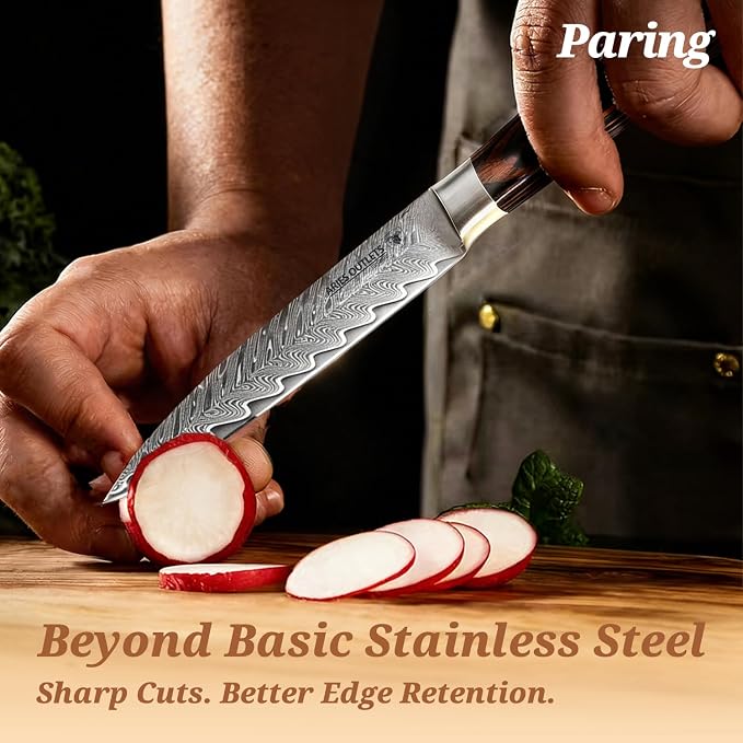 VG10 HPS 3 Piece Japanese Chef Knife Set, Damascus Kitchen Knives with VG10 Steel Core, Essential Chef Knives Set with Pakka Wood Handle for Daily Cooking