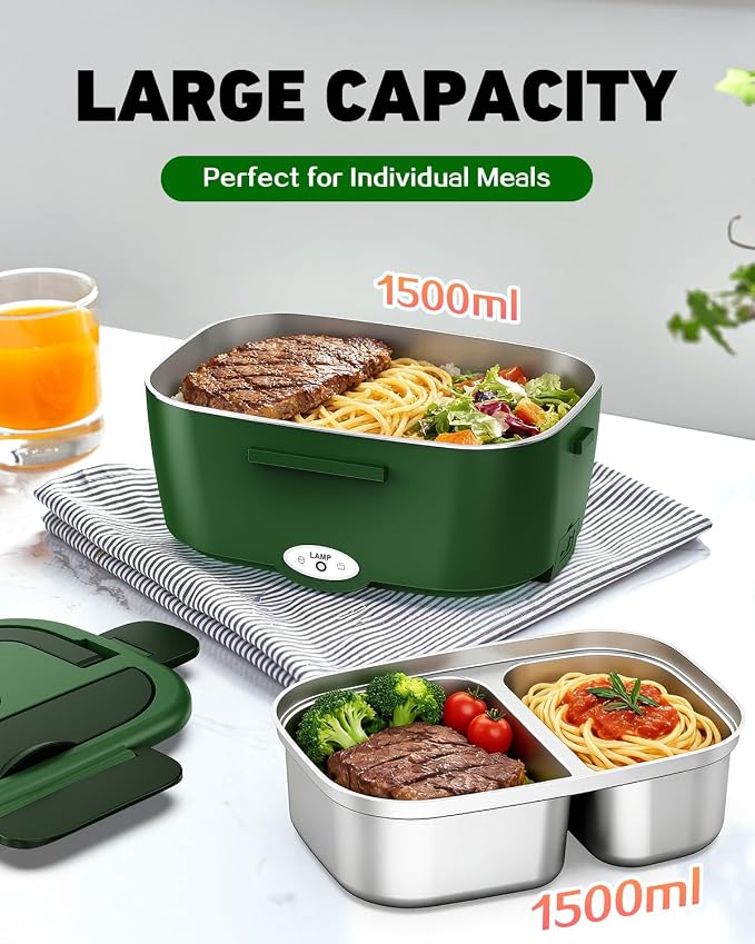 80W Electric Lunch Box Food Warmer for Car/Truck/Office, 110V/24V/12V Portable Heated Lunch Box for Adults, Dual 1.5L Stainless Steel Containers, Leak-Proof & Fast Heating, 3-in-1 Design