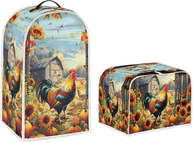 Rooster Toaster and Blender Cover Set Sunflower Dust Protective Cover for Kitchen Small Appliance Washable Bread Maker Covers
