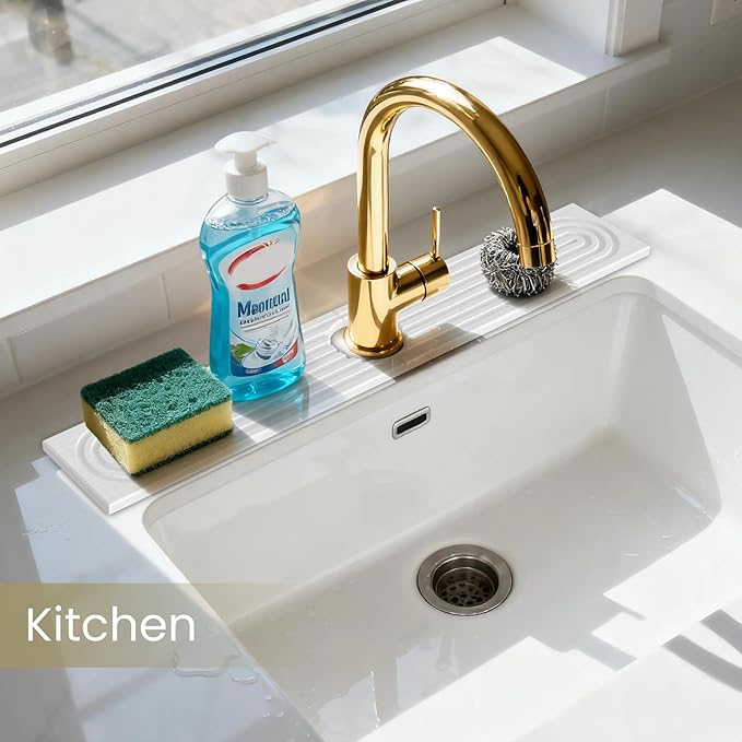 Premium Diatomite Stone Drying Mat for Kitchen Counter - Faucet Mat for Kitchen Sink, Sink Protector & Splash Guard, Quick-Dry Kitchen Sink Mat,Super Absorbent (White, 23.6" x 4")