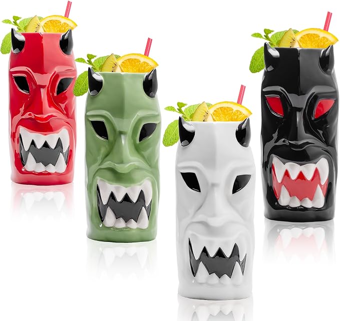 LEMONSODA Ceramic Hawaiian Tiki Glasses (Horned, Set of 32) [2210]