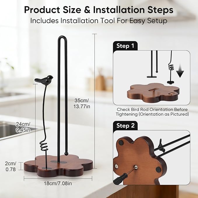 Wood Paper Towel Holder Countertop,Flower Shaped Wood Base with Decorative Spring-Loaded Iron Bird Accent,Dual Iron Rods,Non Slip Pads,Stable for Kitchen,Dining Room & Home Decor
