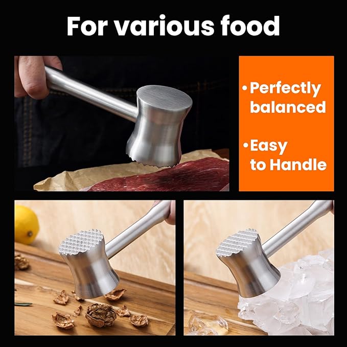 304 Stainless Steel Meat Tenderizer Mallet, Meat Hammer Dishwasher Safe with Storage Bag & Gift Box, Dual Sided Chicken Pounder for Steak, Beef, Poultry, Heavy Duty Kitchen Mallet