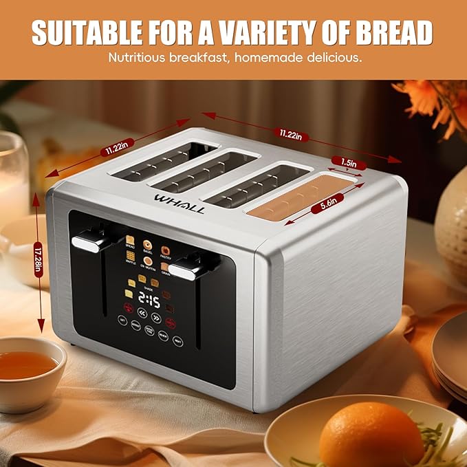 Whall 4-Slice Smart Toaster with Touchscreen & Extra-Wide Slots, Dual Independent Control, 6 Browning Levels & 6 Bread Types, Memory Function,Countdown Timer, Ideal Kitchen Gift