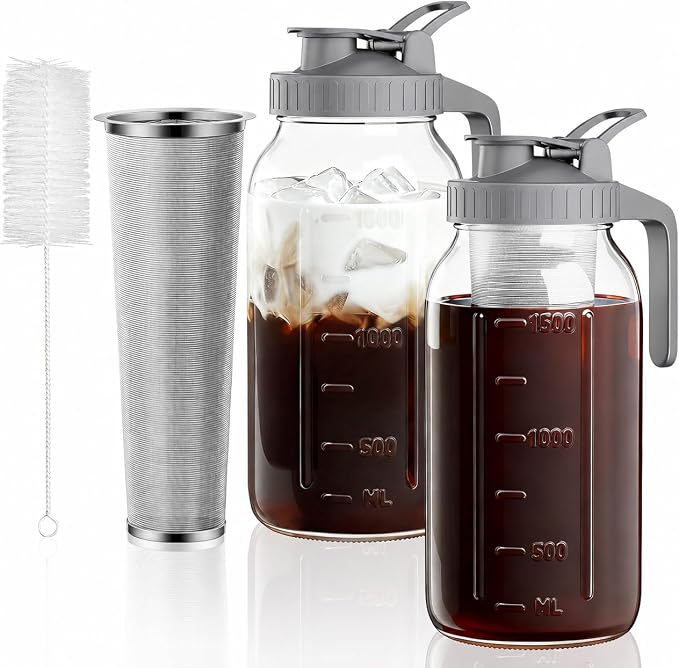 OneDream Cold Brew Coffee Maker, 2 Pack 64oz Stainless Steel Filter Cold Brew Pitcher Jar, No Leaks Cold Brew Mason Jar Coffee Maker, Easy to Clean Cold Coffee Maker