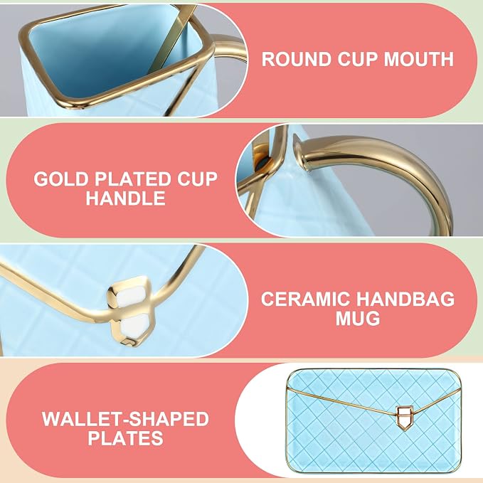 Zubebe 4 Sets Coffee Mug Elegant Handbag Shaped Cup Modern Ceramic Purse Mug with Spoon and Saucer, 10oz Cute Creative Tea Cup for Woman Girls Gift (Pink,Blue,Black,White,)