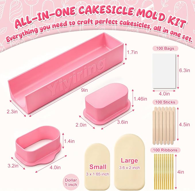 3in Cakesicle Cutter with 9in Tray, Cakesicle Mold Set with 100 Sticks, 100 Bags and 100 Ribbons, Baking Tools for Home Baking, Birthday Parties, Wedding Desserts(Pink,3.6in,Single Slot)