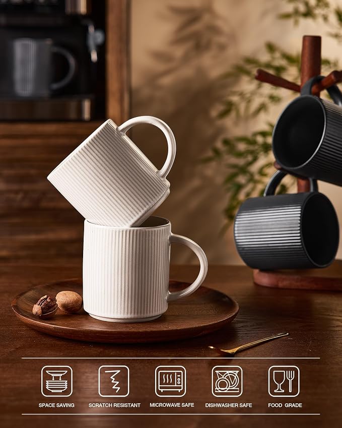 famiware Coffee Mug Set for 6, Star 16 oz Catering Mugs Cup Set with Handle for Coffee, Tea, Cocoa, Milk - Ceramic Stoneware Drinkware Set, Matte White + Matte Black
