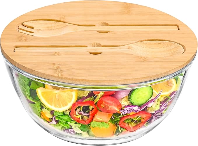 GEHE Glass Salad Bowl with Lid, 10.6Inch Large Trifle Bowl Glass Fruit Bowl, 4.7 Quart Large Capacity Serving Bowls for Salad, Pasta, Fruit, Dessert Display Cake, Microwave Safe