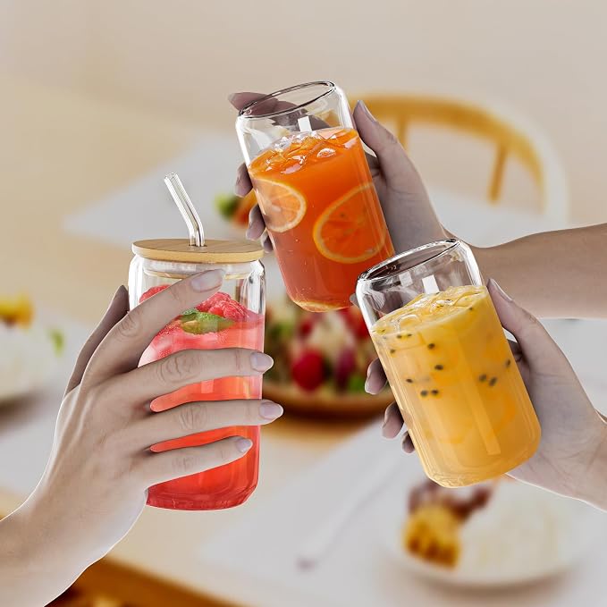 30 Pcs Glass Cups with Bamboo Lids and Straws - 16oz Glass Tumbler, Iced Coffee Cup, Can Shaped Drinking Glasses for Coffee, Tea, Smoothie, Juice, Cocktail Include Cleaning Brushes & Boxes