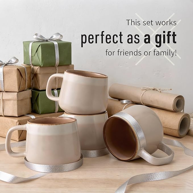 Ava Nord Small Ceramic Coffee Mugs Set of 4 | 8 oz Stoneware Coffee Cups | Lead-Free, Non-Toxic | Microwave & Dishwasher Safe | Comfortable Handle | Aesthetic Nordic Design for Cappuccino | Rose Sand