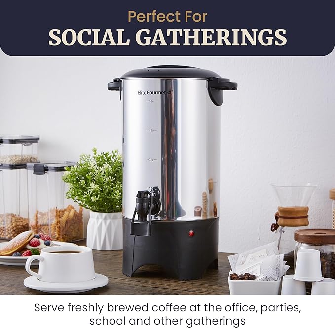 Elite Gourmet CCM040X 40 Cup Electric Hot Water Coffee Brewer Urn, Removable Filter For Easy Cleanup, Two Way Dispenser with Cool-Touch Handles, Stainless Steel
