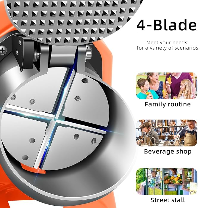 4-Blades Ice Shaver, Electric Shaved Ice Machine Ice Shaver Machine,200lbs/hr ice Crusher with Ice Pick for Home and Commercial Use（Orange）